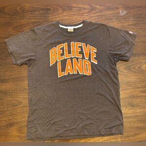 HOMAGE Brown Short Sleeve Tee with Orange "BELIEVE LAND" Graphic